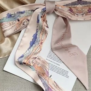 Beige Pink Tan Blue Painted Landscape Silky Neck & Hair Bow Twilly Scarf